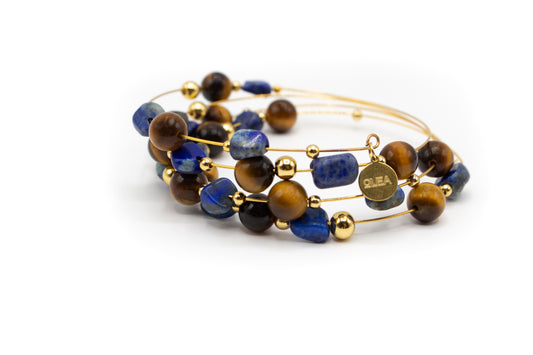 Bracelet fil à mémoire acier et pierre naturelle œil de tigre et lapis-lazuli