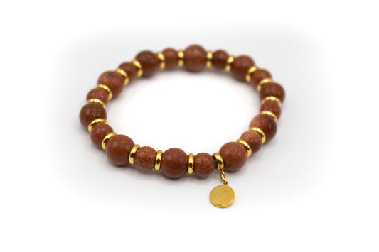 pulsera piedra natural aventurina y separadores de acero bañado en oro