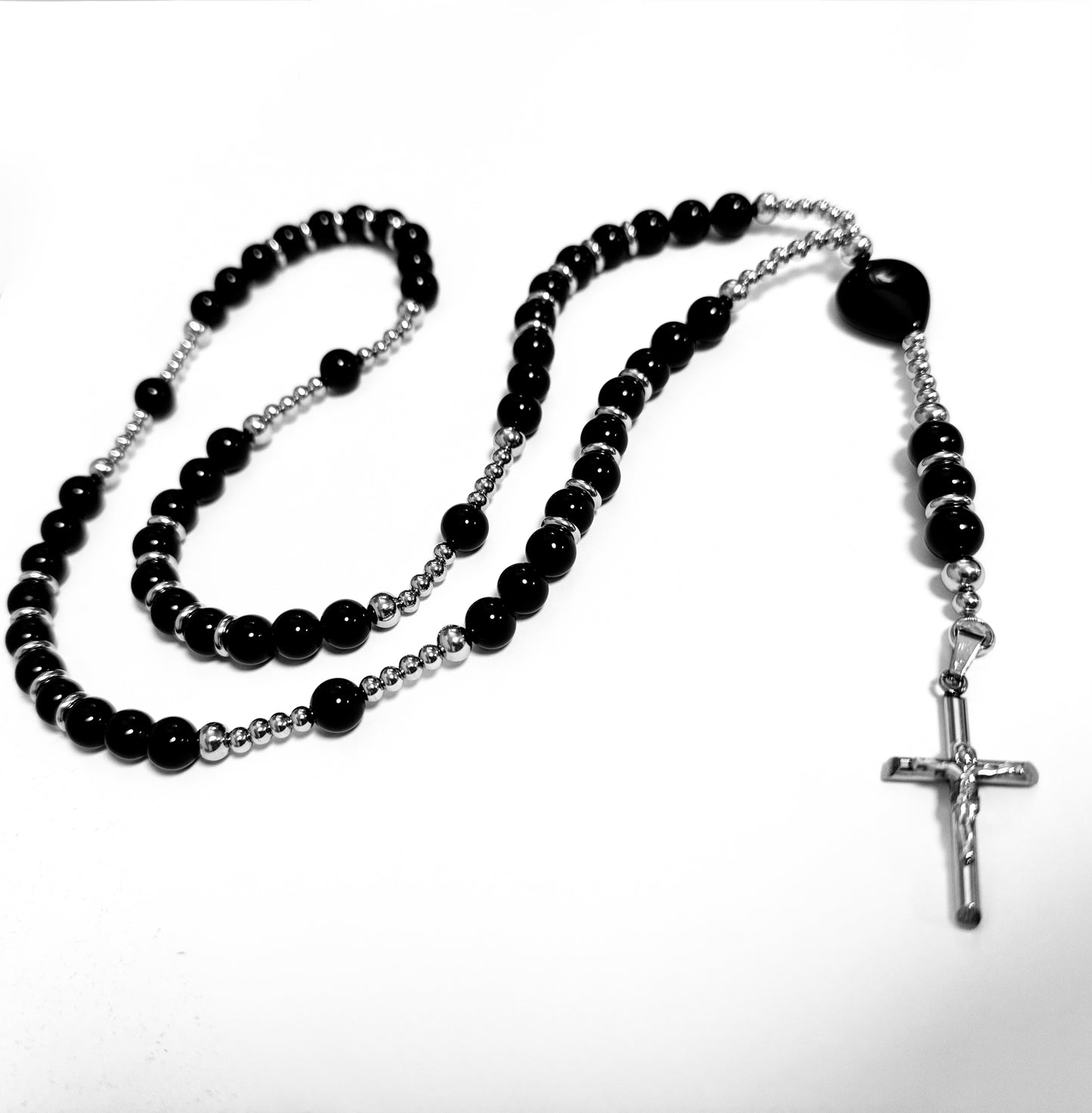 Rosario de acero inoxidable y piedras naturales obsidiana, turmalina y ónix