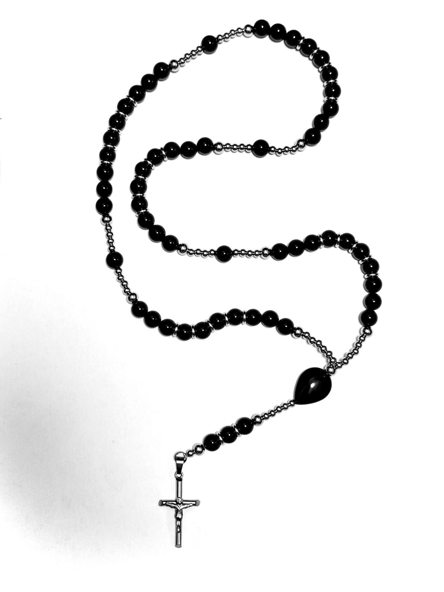 Rosario de acero inoxidable y piedras naturales obsidiana, turmalina y ónix