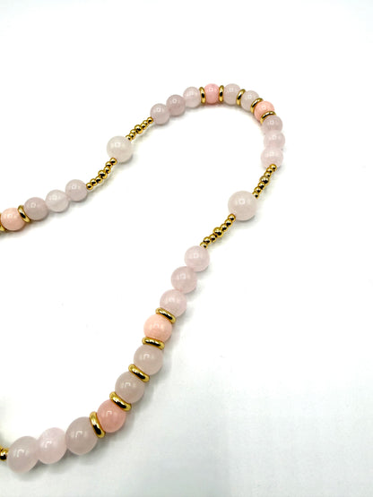 rosario de piedra natural cuarzo rosa y morenita de berilo rosa con acero inoxidable bañado en oro de 14K
