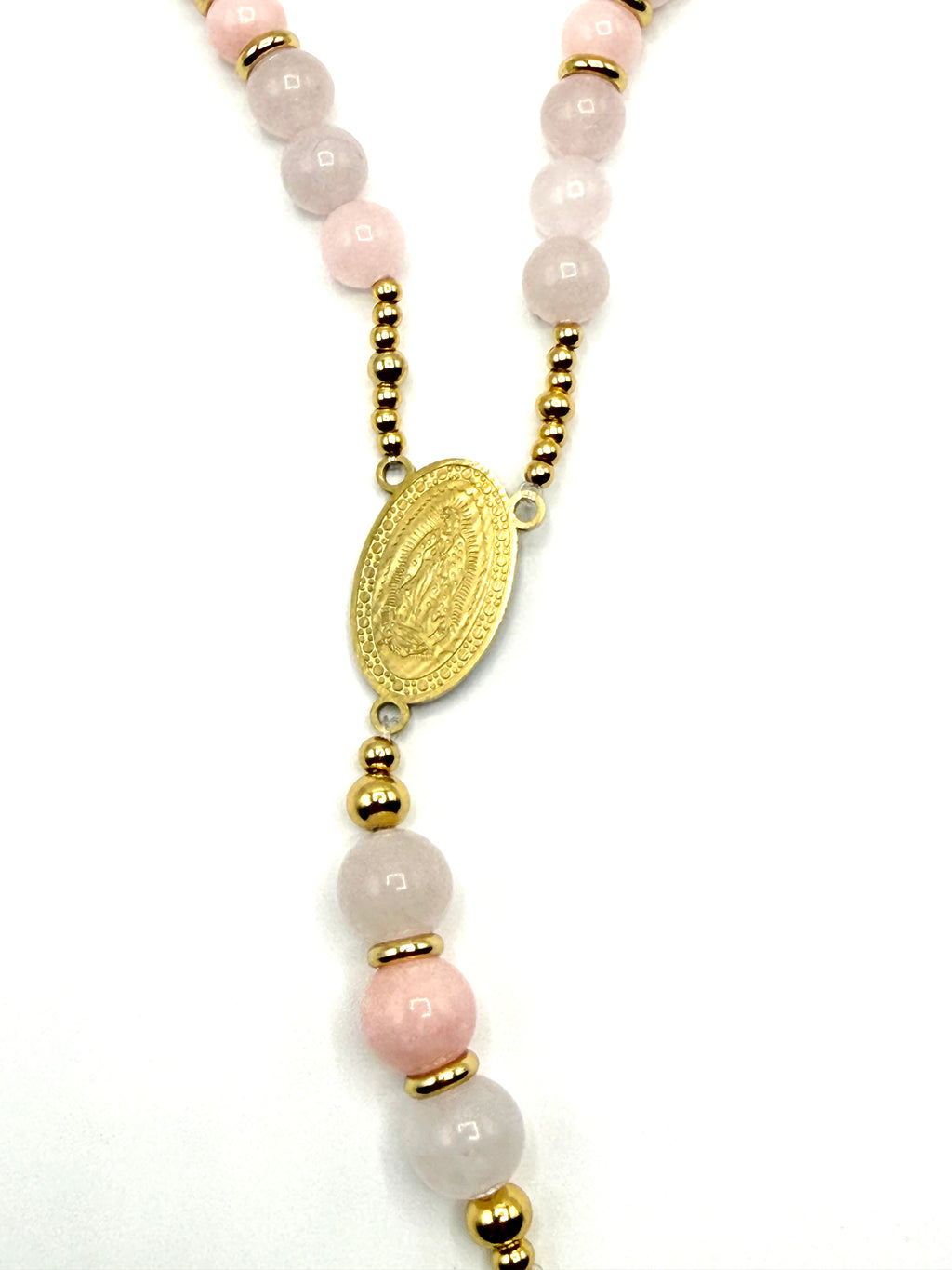 rosario de piedra natural cuarzo rosa y morenita de berilo rosa con acero inoxidable bañado en oro de 14K