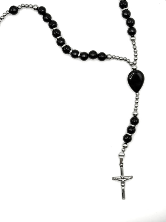 rosario de piedra natural ónix con acero inoxidable