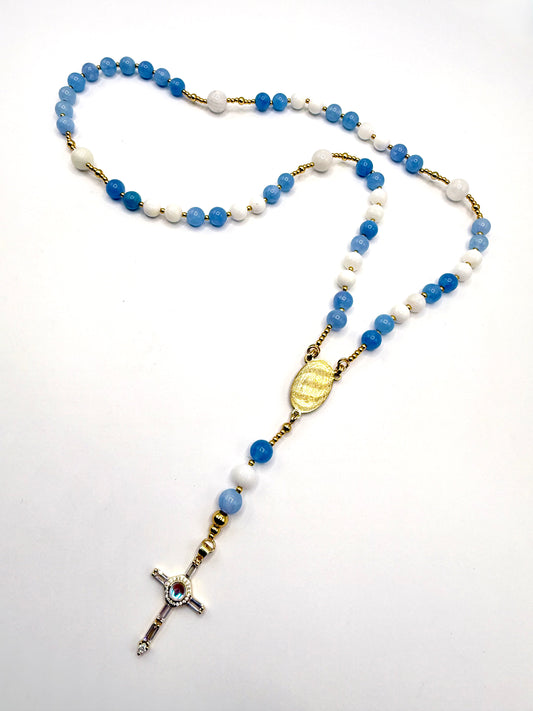 rosario de piedra natural piedra de ángel y ágata blanca con acero inoxidable bañado en oro de 14K