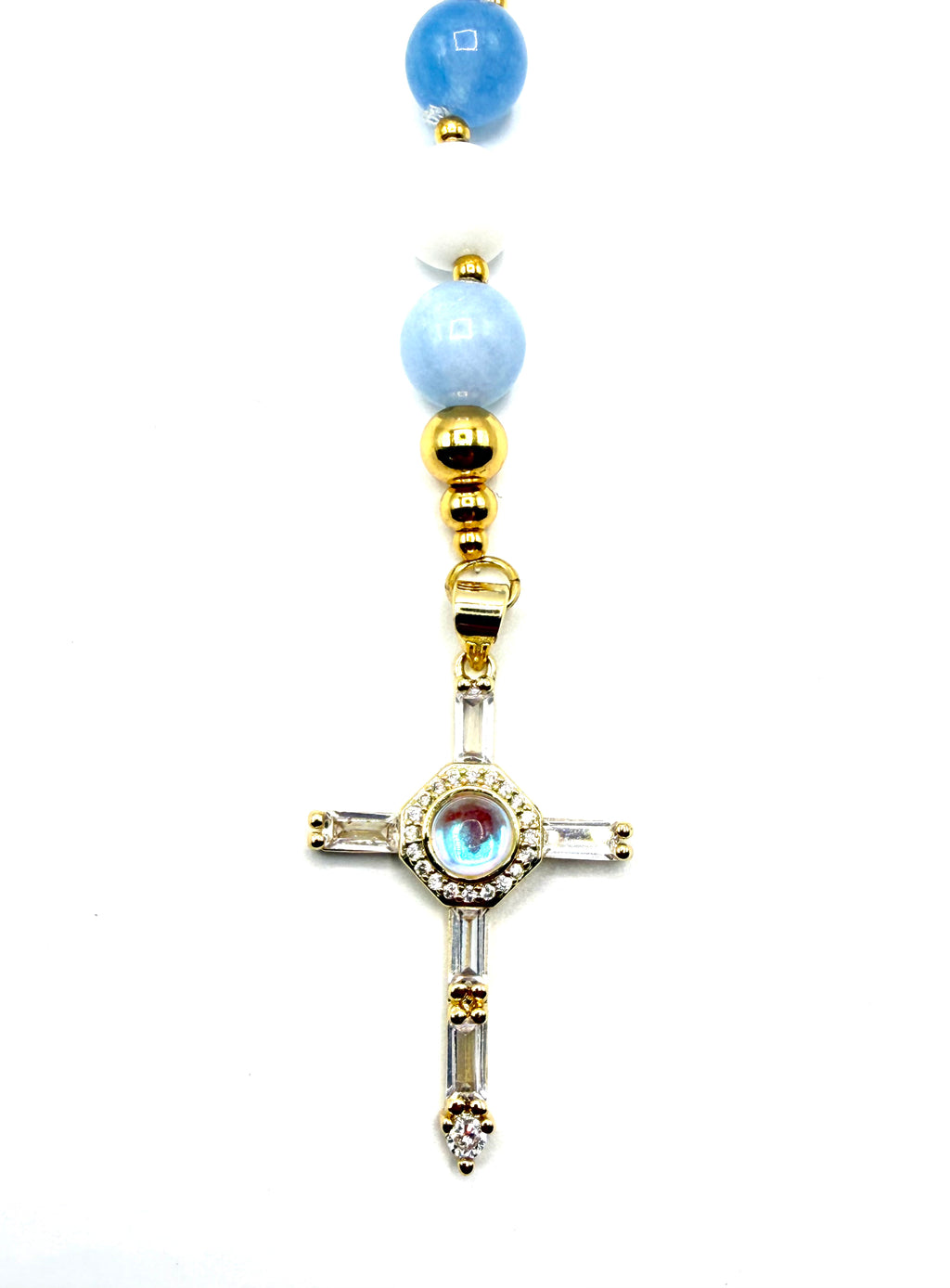 rosario de piedra natural piedra de ángel y ágata blanca con acero inoxidable bañado en oro de 14K