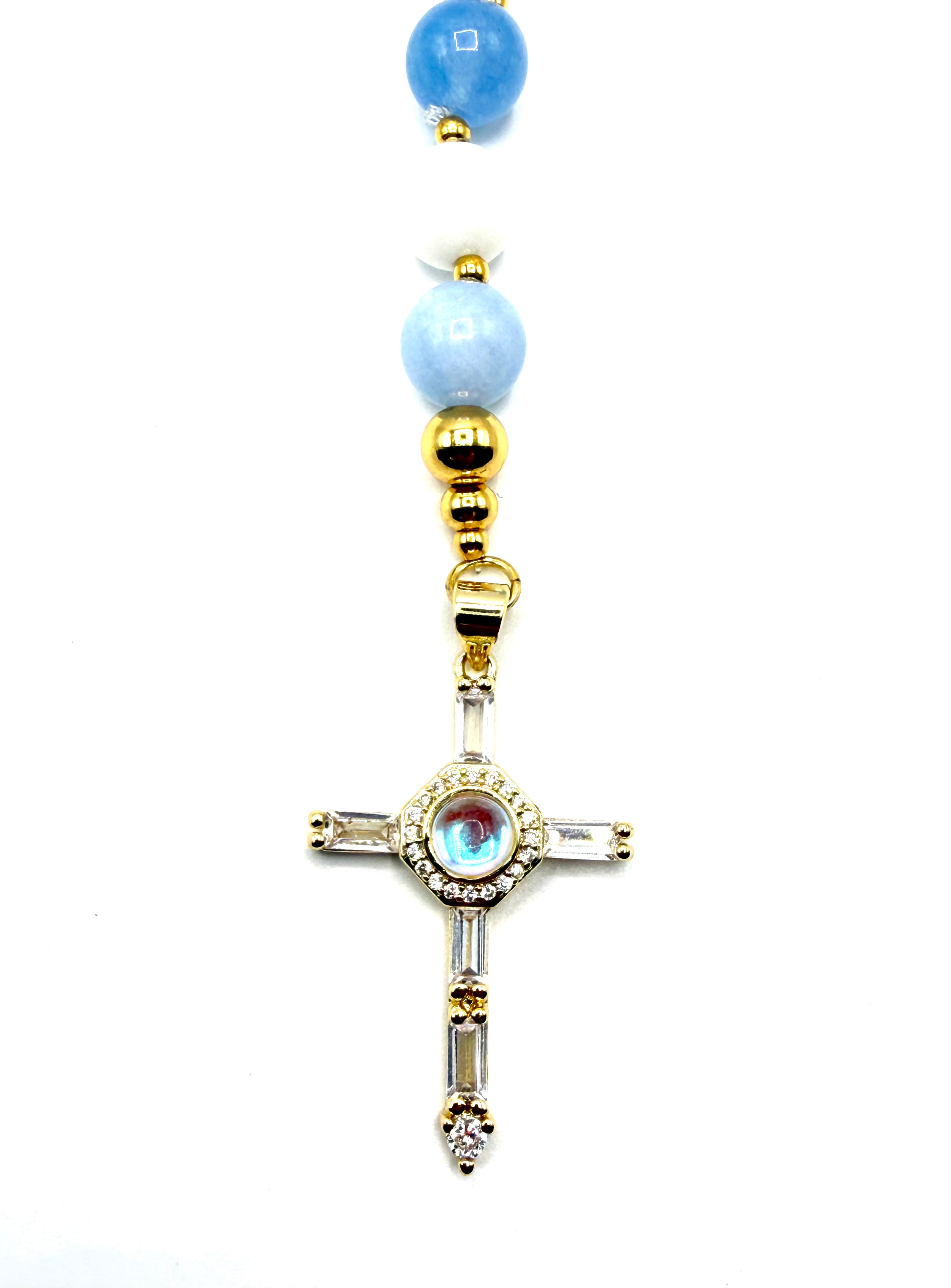 rosario de piedra natural piedra de ángel y ágata blanca con acero inoxidable bañado en oro de 14K