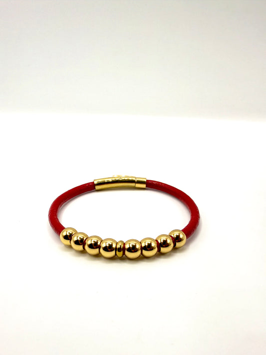 Bracelet en cuir rouge et acier inoxydable plaqué or 14 carats
