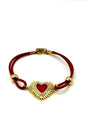 bracelet en cuir rouge avec cœur et détails en acier inoxydable plaqué or 14 carats