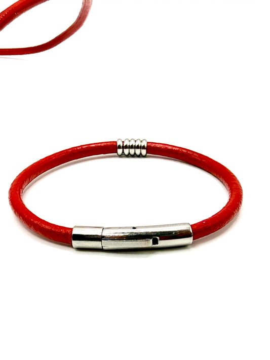 Bracelet en cuir rouge et acier inoxydable