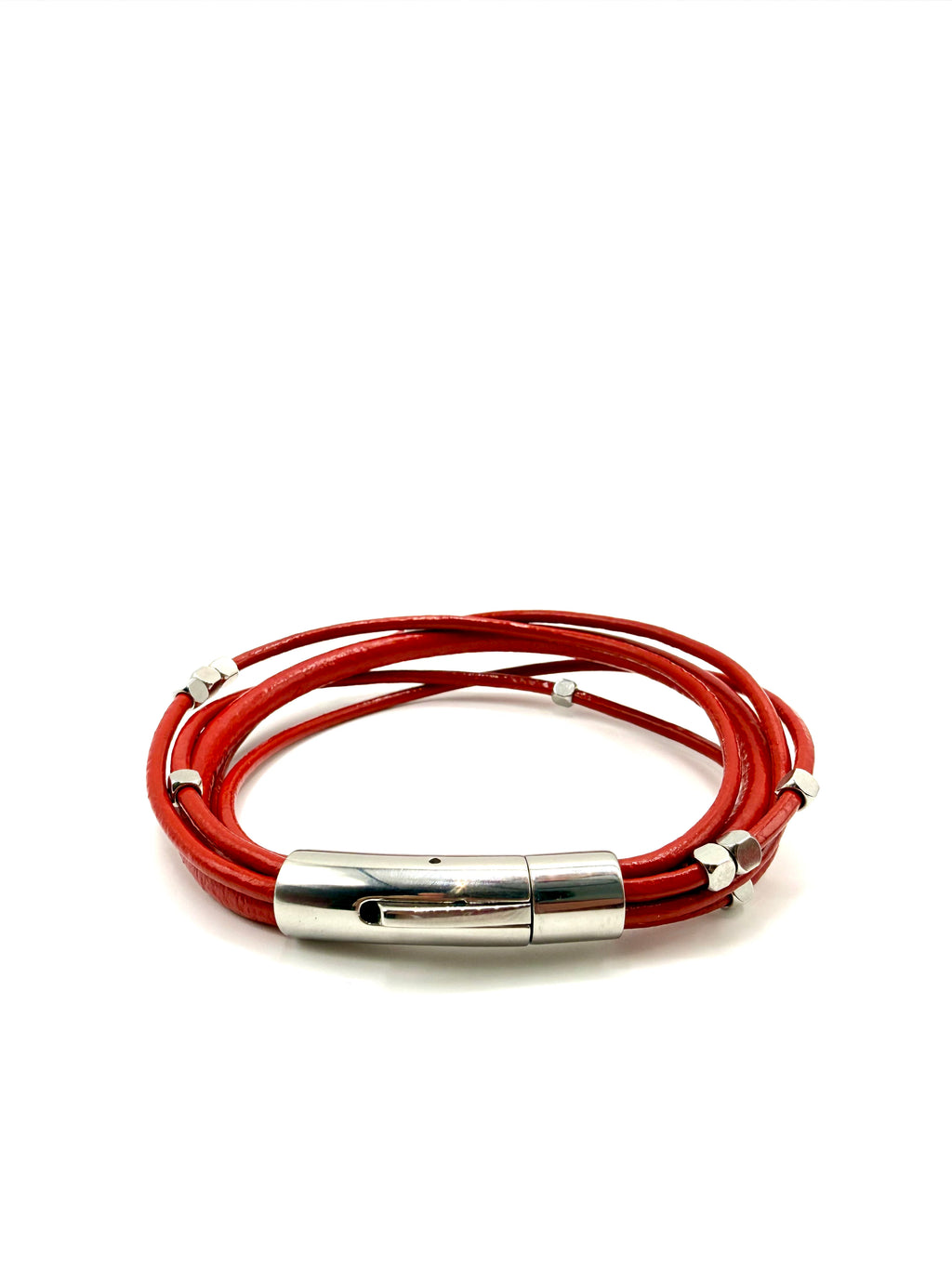 pulsera de varios cueros rojos y acero inoxidable