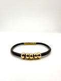 pulsera de cuero marrón y acero inoxidable bañado en oro de 14K