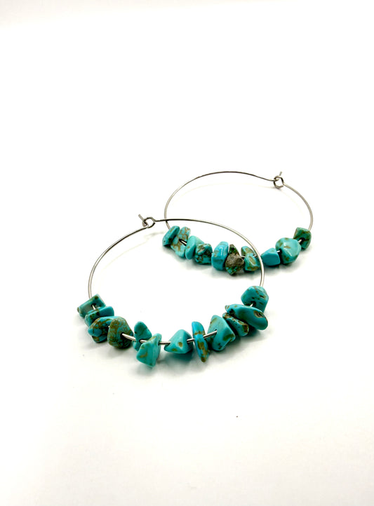 pendientes de aro de piedra natural turquesa y acero inoxidable