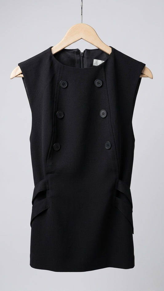 chaleco negro con bandas que se agarran detrás y botones delanteros