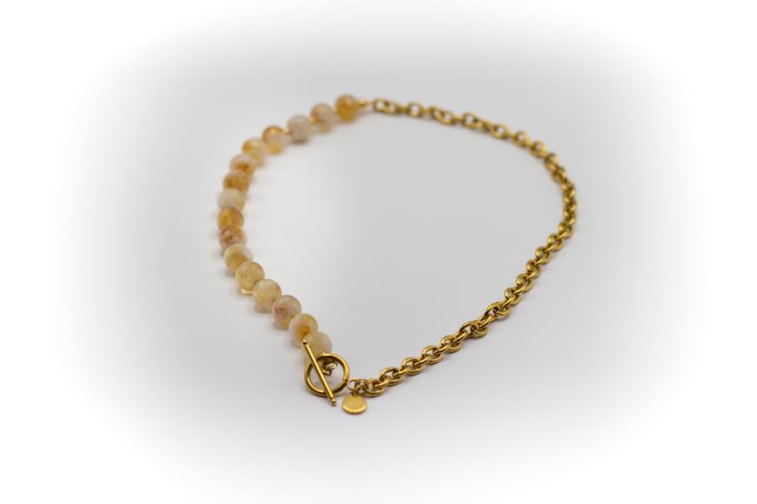 Collar Corto Acero Inoxidable color Oro y Piedra Natural Citrino