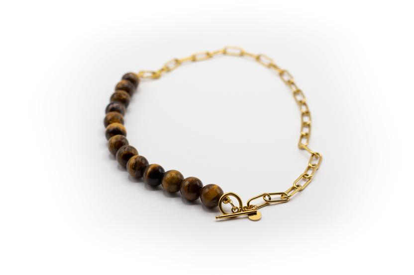 Collar Corto Acero Inoxidable Color Oro y Piedra Natural Ojo de Tigre