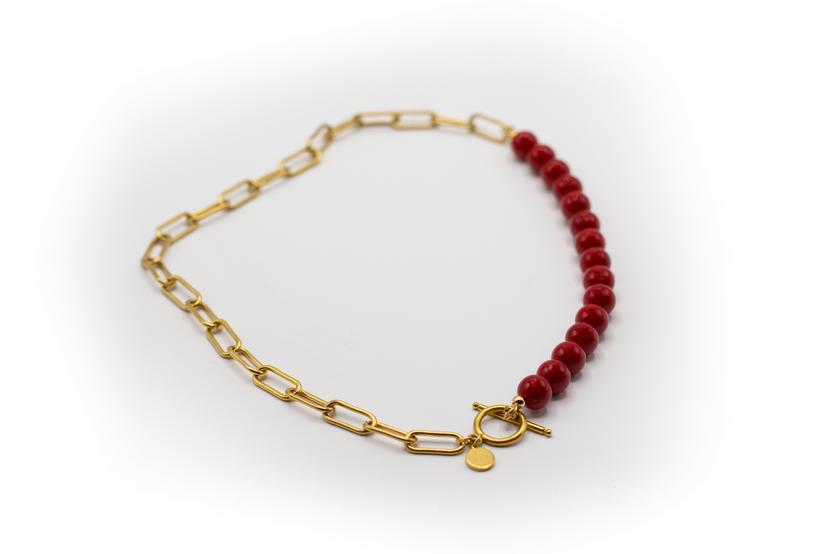 Collar Corto Acero Inoxidable Color Oro con Coral Rojo de Imitación
