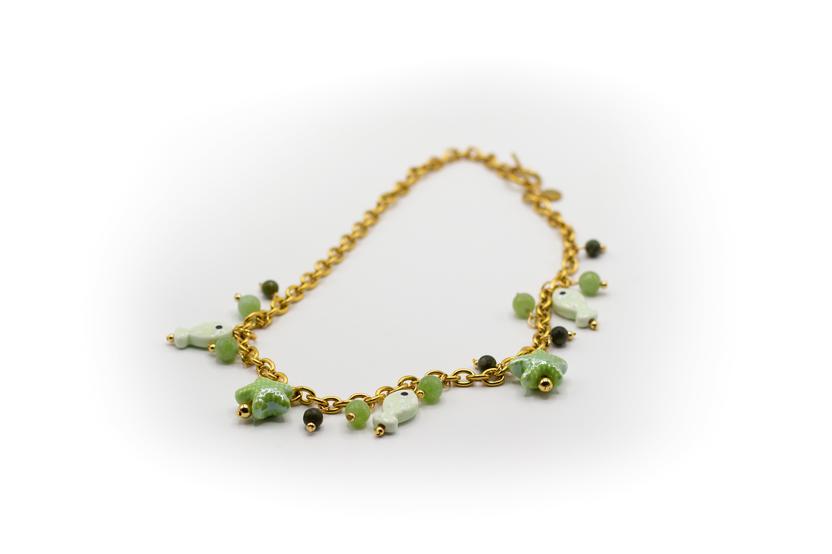 Collar Corto Acero Inoxidable Color Oro y Piedras Naturales con Cerámica