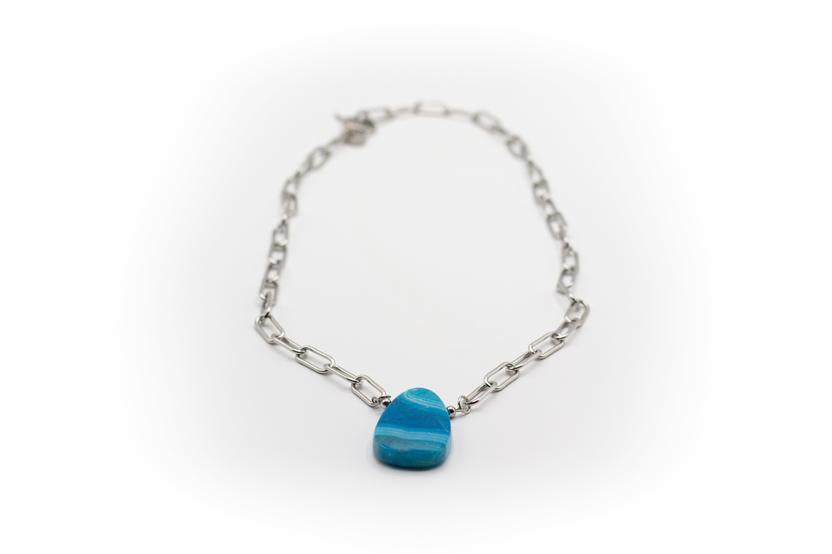 Collar Mediano Acero Inoxidable Color Plata y Piedra Natural Ágata Azul