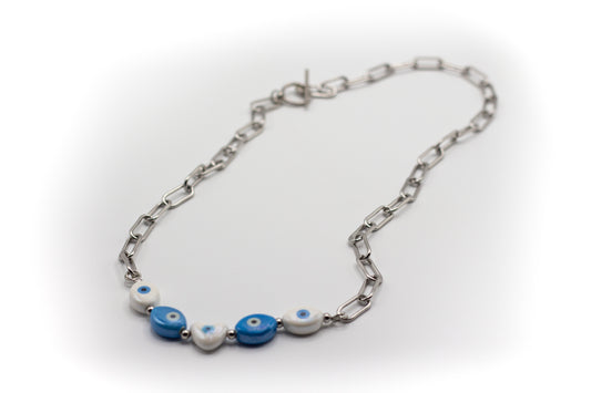 Silberfarbene Halskette aus Edelstahl und Keramik