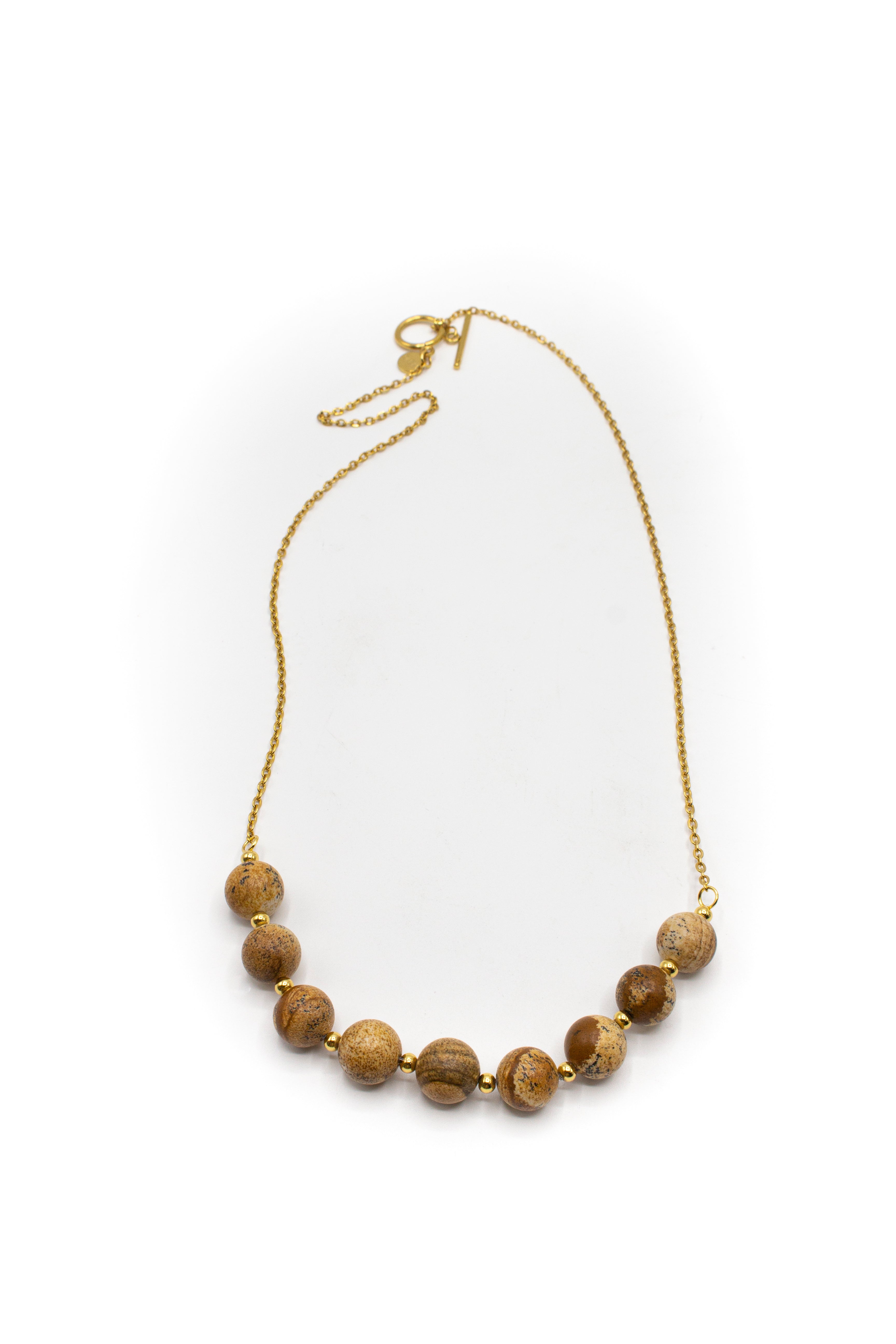 Collar Corto Acero Inoxidable Color Oro y Piedra Jaspe Madera