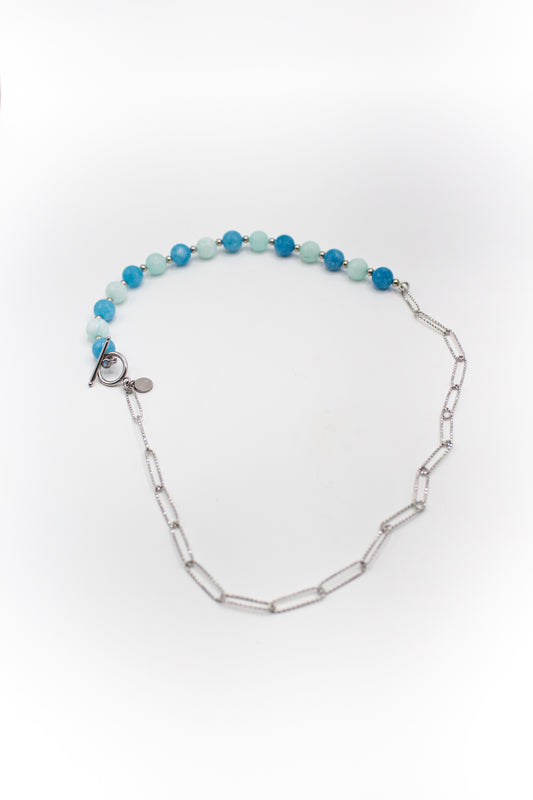 Mittlere silberfarbene Edelstahlkette mit natürlichem Jade- und Amazonitstein