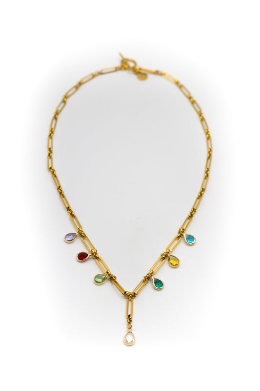 Mittelgroße goldfarbene Edelstahlkette mit farbigen Zirkonia-Kristallen