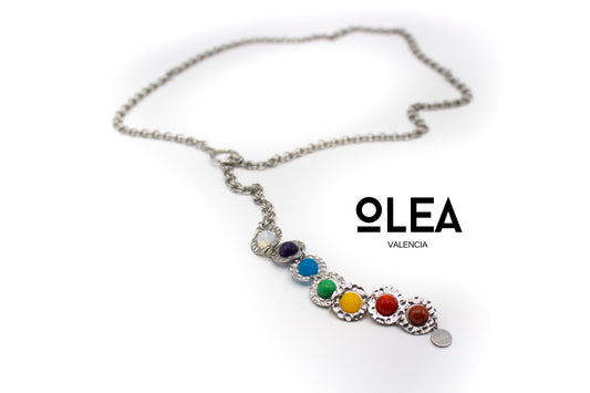 collar de los 7 chakras acero inoxidable color plata y piedras naturales (estilo largo)