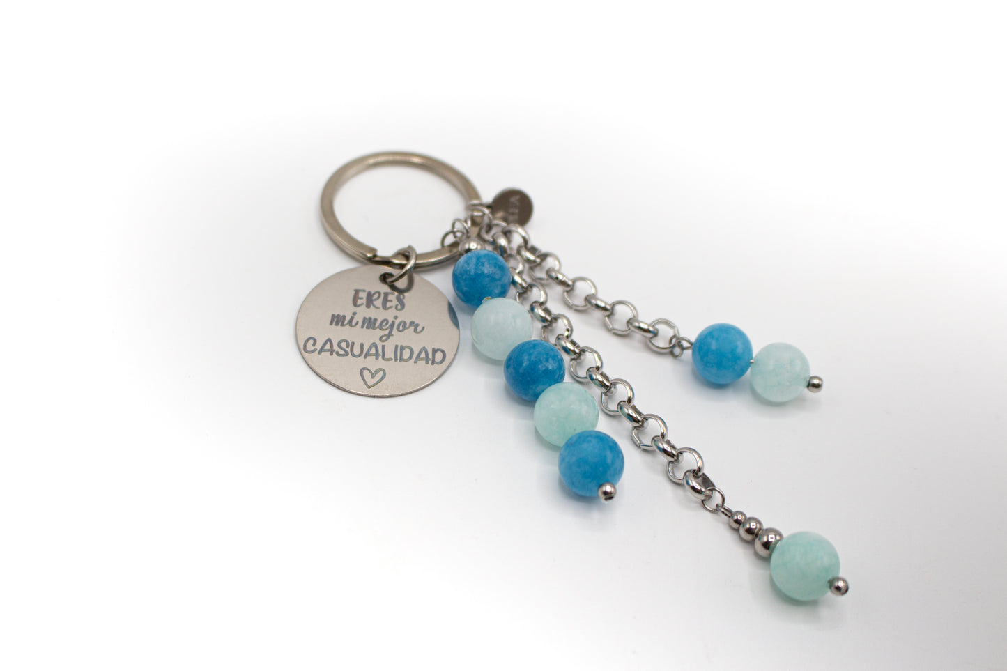 llavero de piedra natural jade y amazona con acero inoxidable color plata