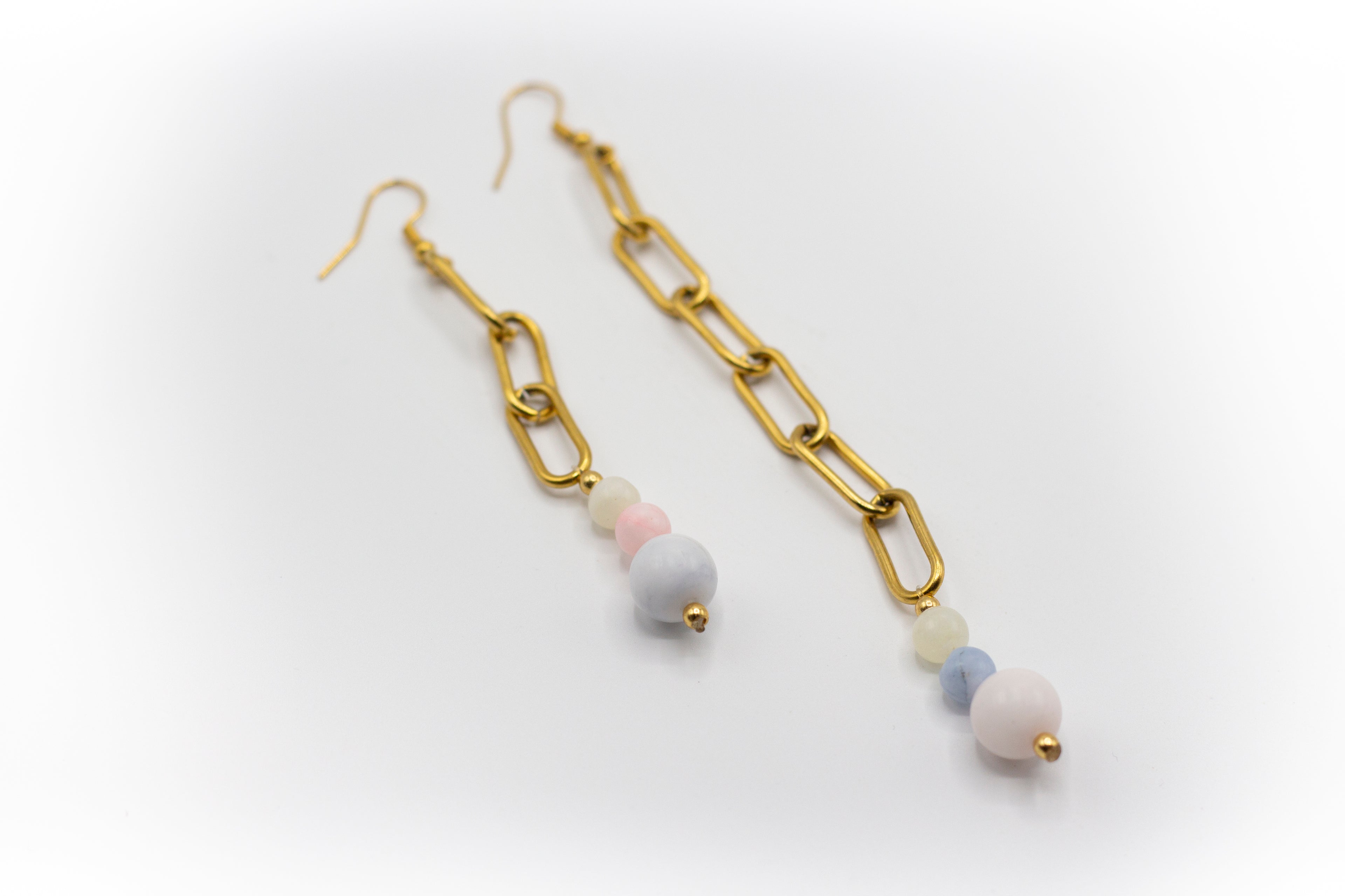 pendientes&nbsp;gancho y cadena de acero inoxidable color oro con piedra natural morganita de berilo