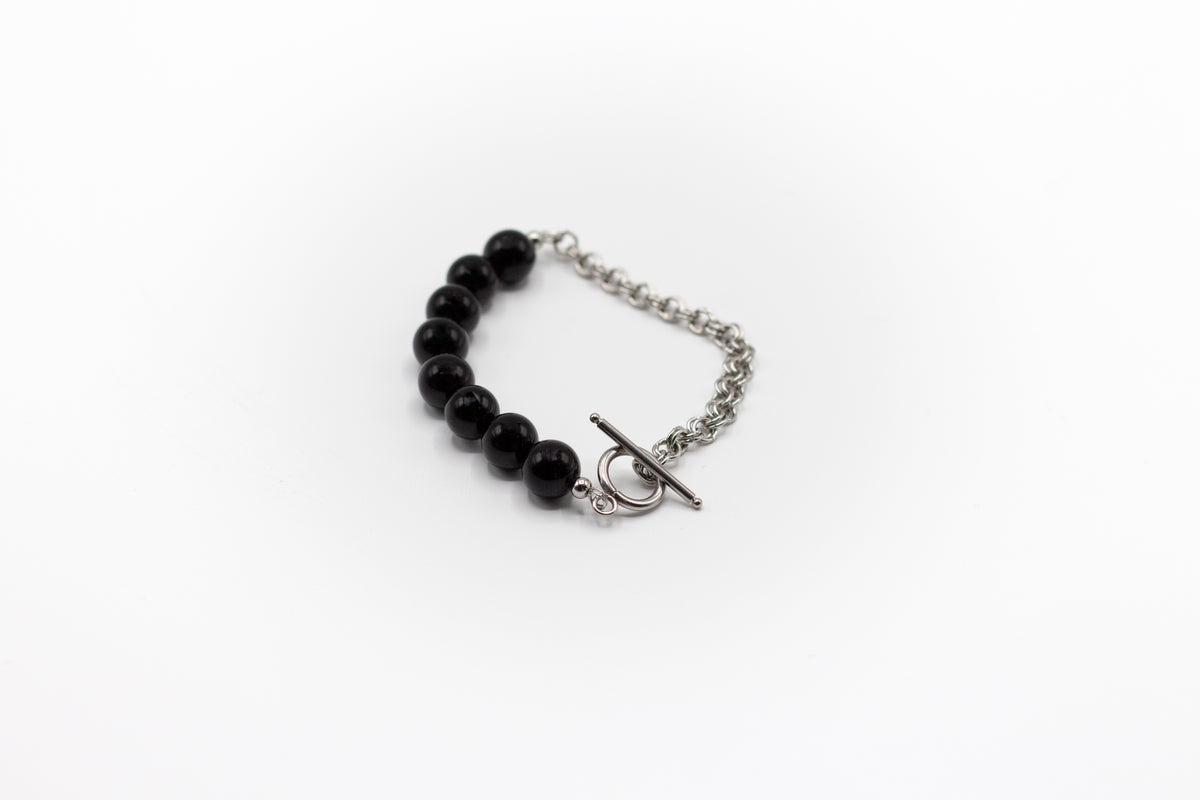 pulsera de piedra natural Ónix y mitad cadena de acero inoxidable color plata