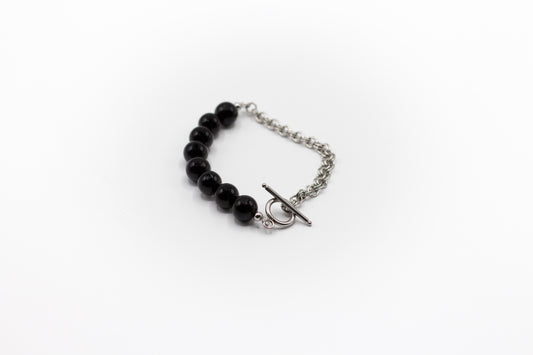 Bracelet en pierre d'onyx naturelle et demi-chaîne en acier inoxydable couleur argent