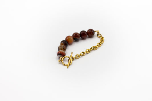 Bracelet en pierre naturelle d'agate marron et demi-chaîne en acier inoxydable couleur or