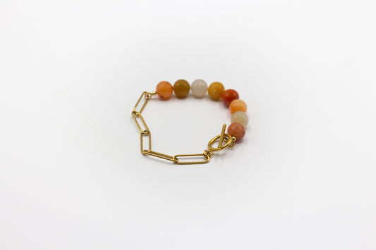 Bracelet en pierre naturelle d'agate orange et demi-chaîne en acier inoxydable couleur or