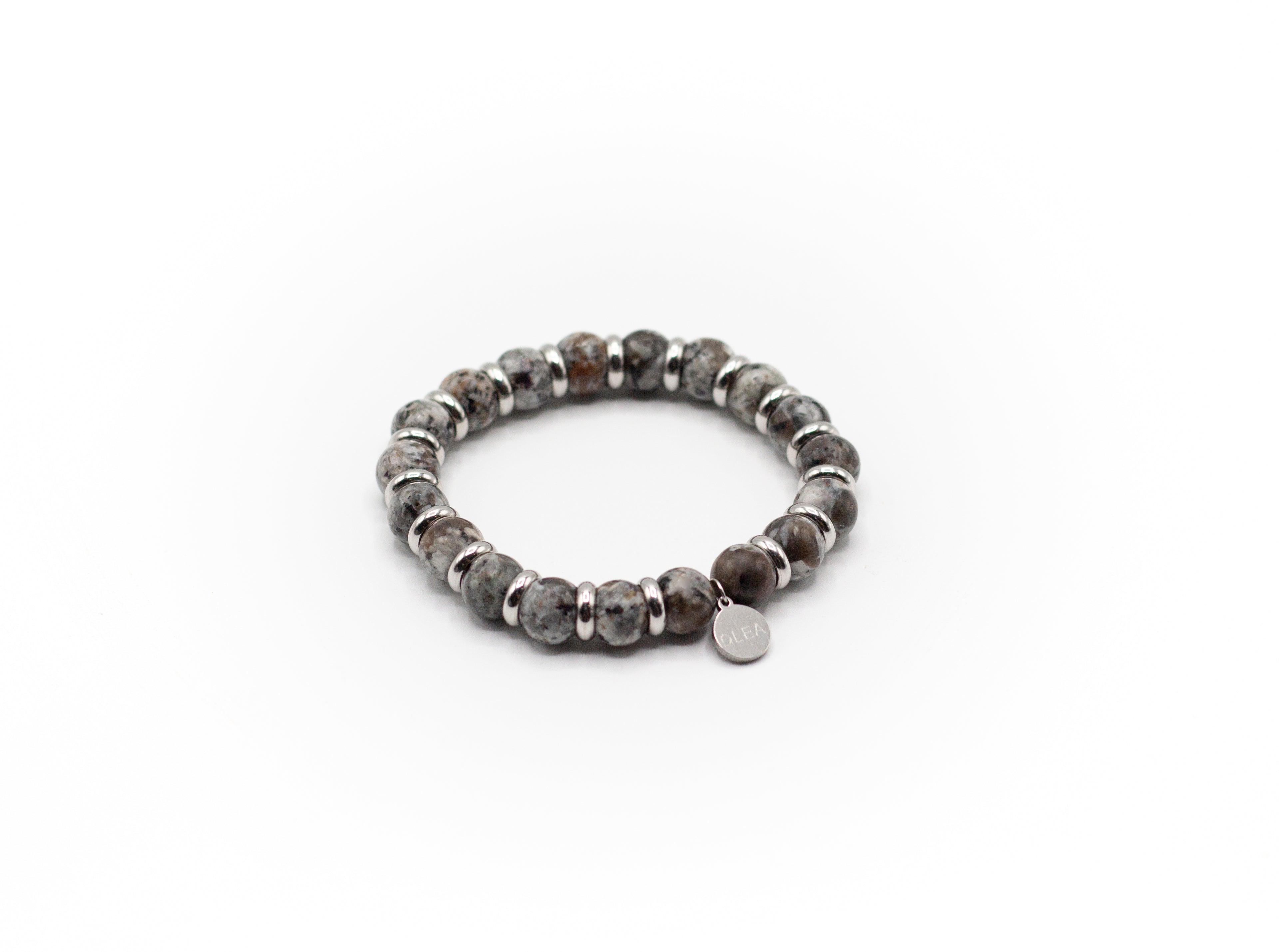pulsera elástica piedra de llama natural y separadores de acero inoxidable color plata