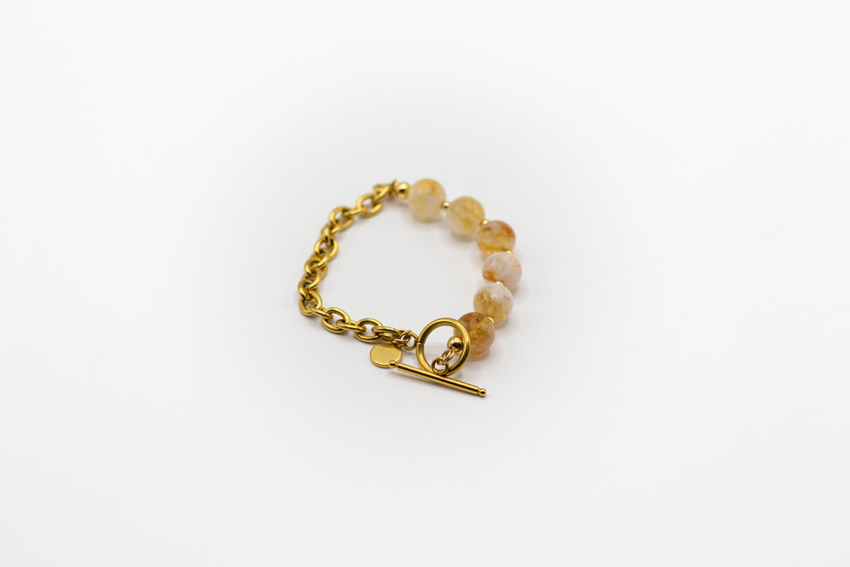 Bracelet en pierre de citrine naturelle et demi-chaîne en acier inoxydable couleur or