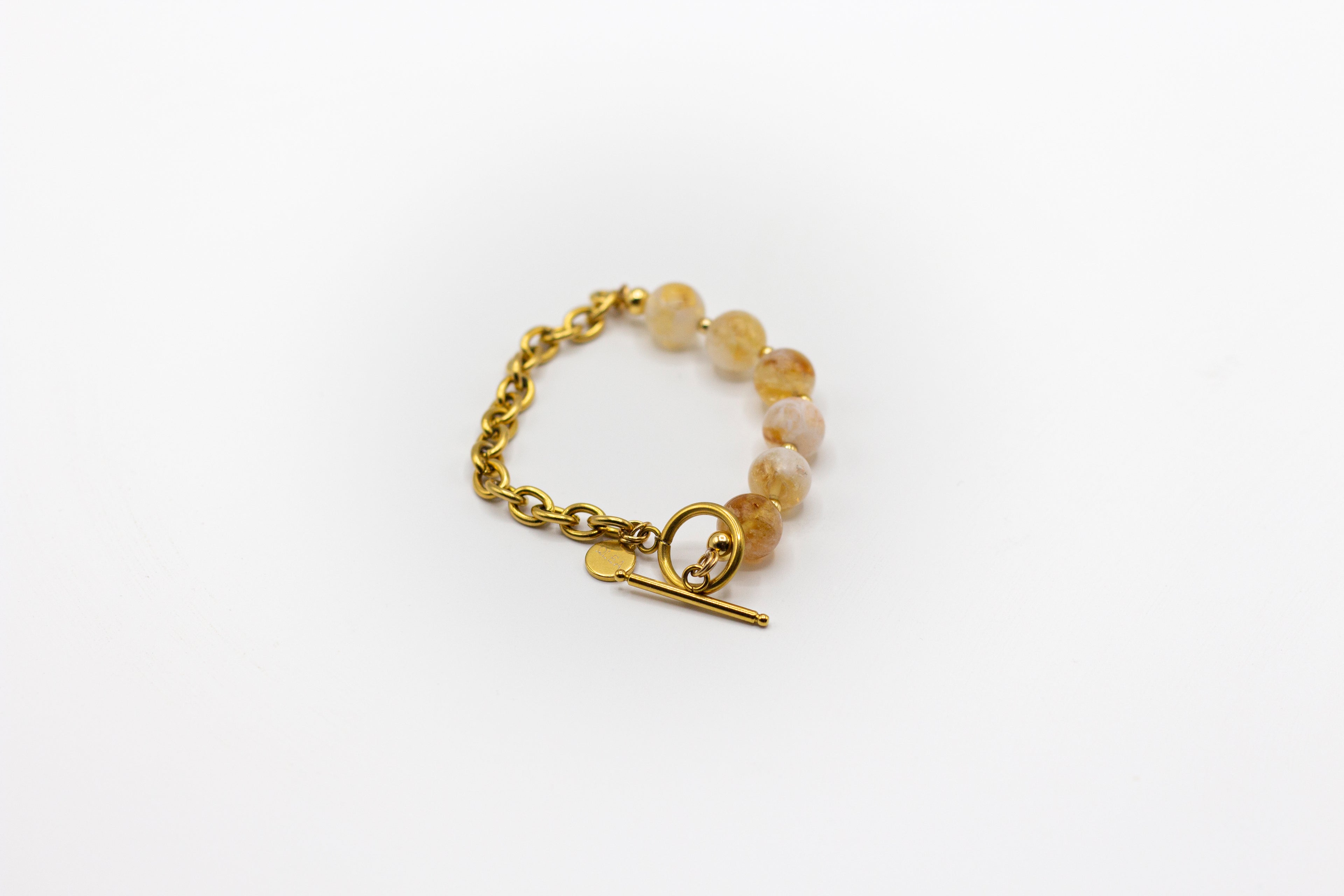 pulsera de piedra natural citrino y mitad cadena de acero inoxidable color oro