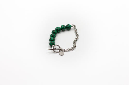Bracelet en pierre de malachite naturelle et demi-chaîne en acier inoxydable couleur argent