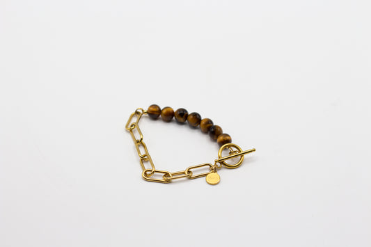 Bracelet en pierre naturelle œil de tigre et demi-chaîne en acier inoxydable couleur or