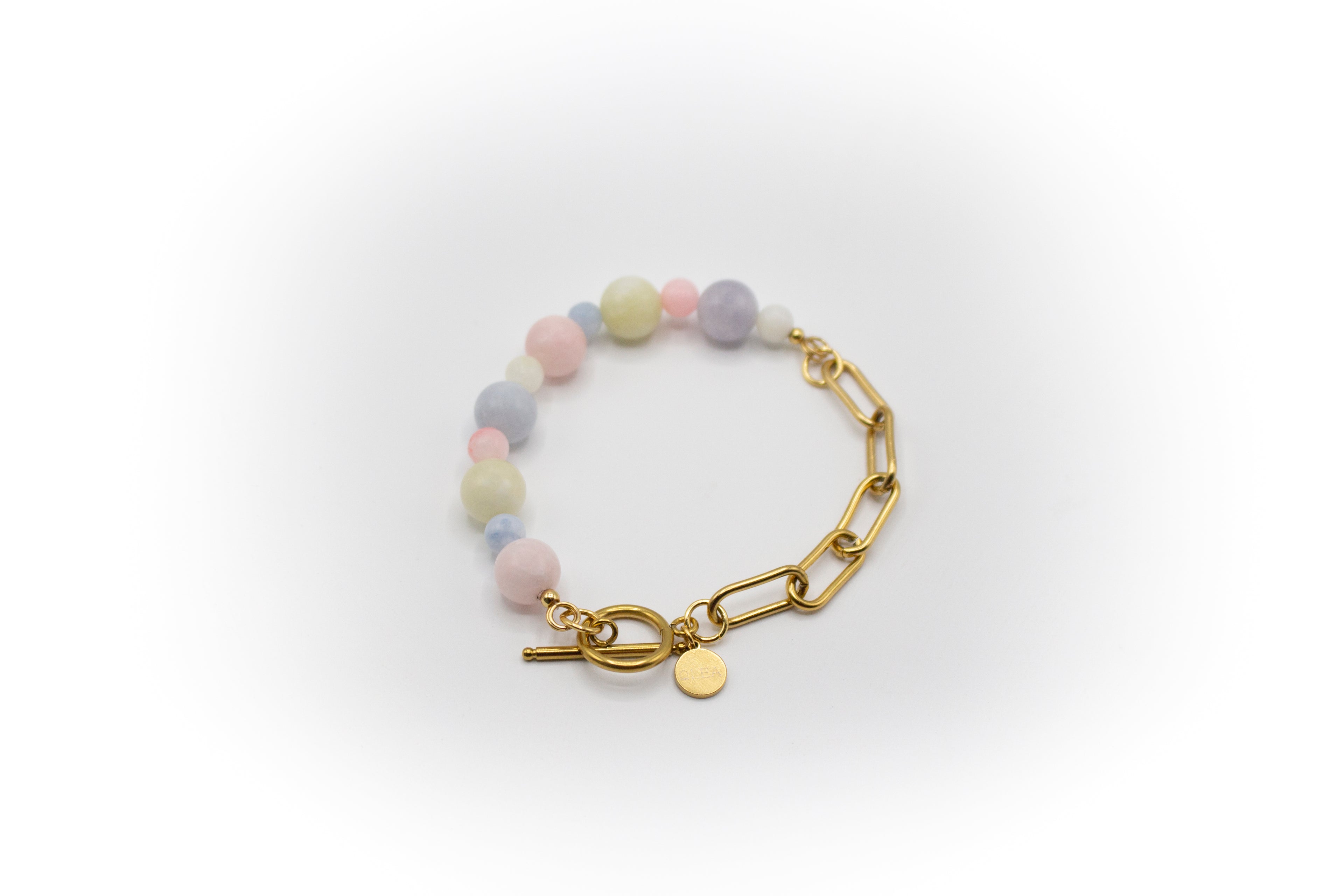 pulsera de piedra natural morganita de berilo y mitad cadena de acero inoxidable color oro