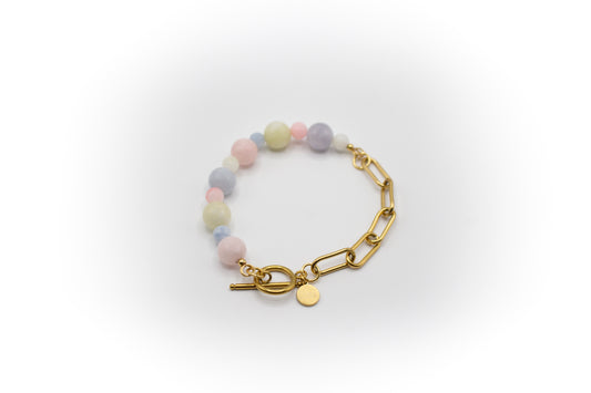 Bracelet en pierre de béryl morganite naturelle et demi-chaîne en acier inoxydable couleur or