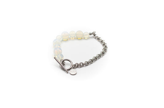 Bracelet en pierre naturelle d'opale et demi-chaîne en acier inoxydable couleur argent