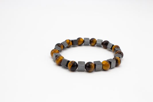 pulsera elástica piedra natural ojo de tigre redondas y hematites cuadradas