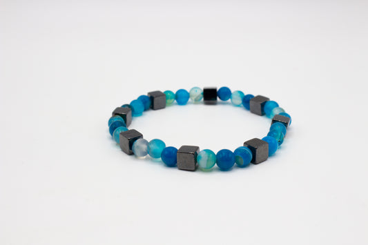 pulsera elástica piedra natural ágata azul redondas y hematites cuadradas