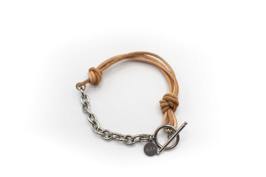 Bracelet en cuir naturel et demi-chaîne en acier inoxydable argenté