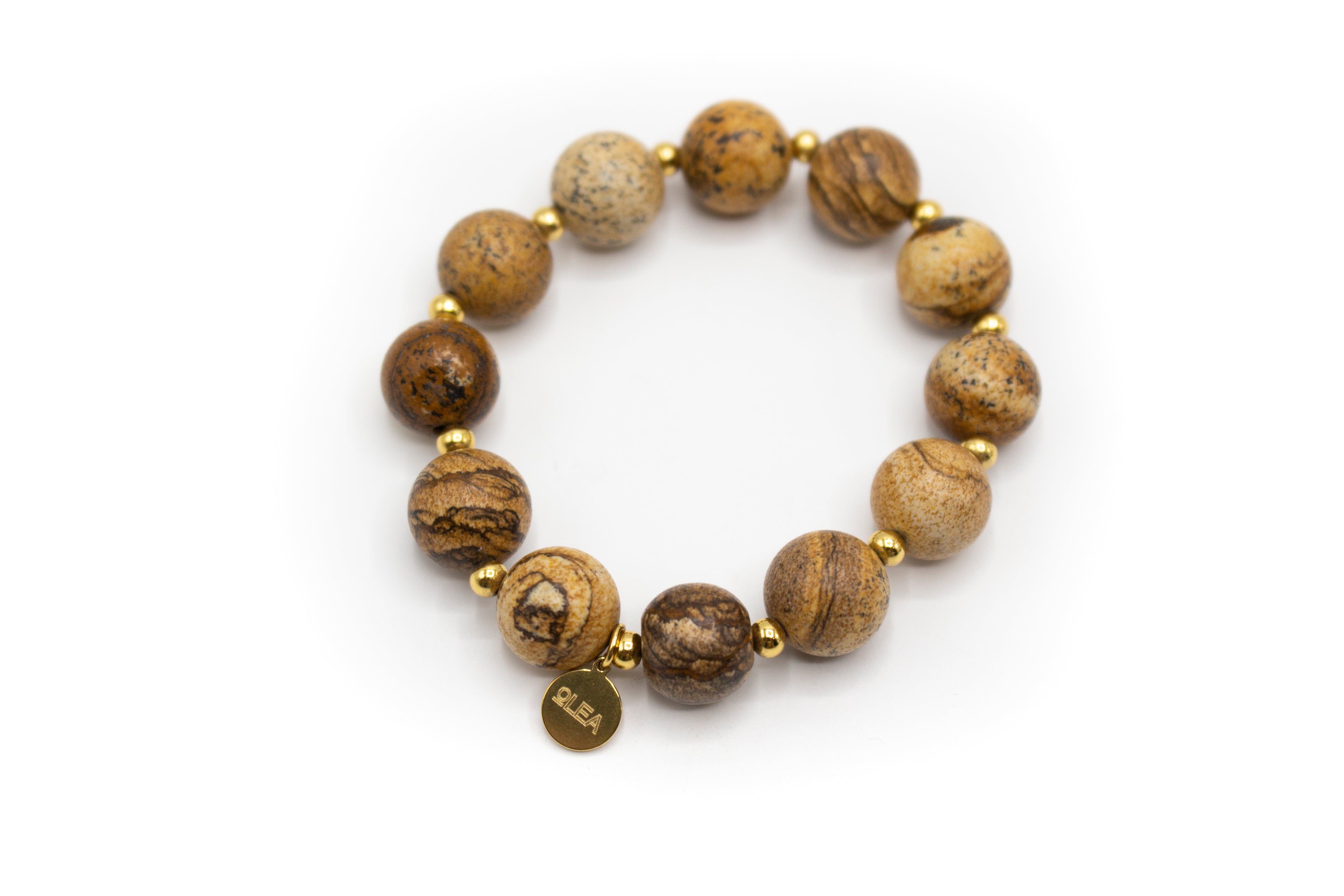 pulsera elástica de piedra natural jaspe madera y separadores de acero inoxidable color oro