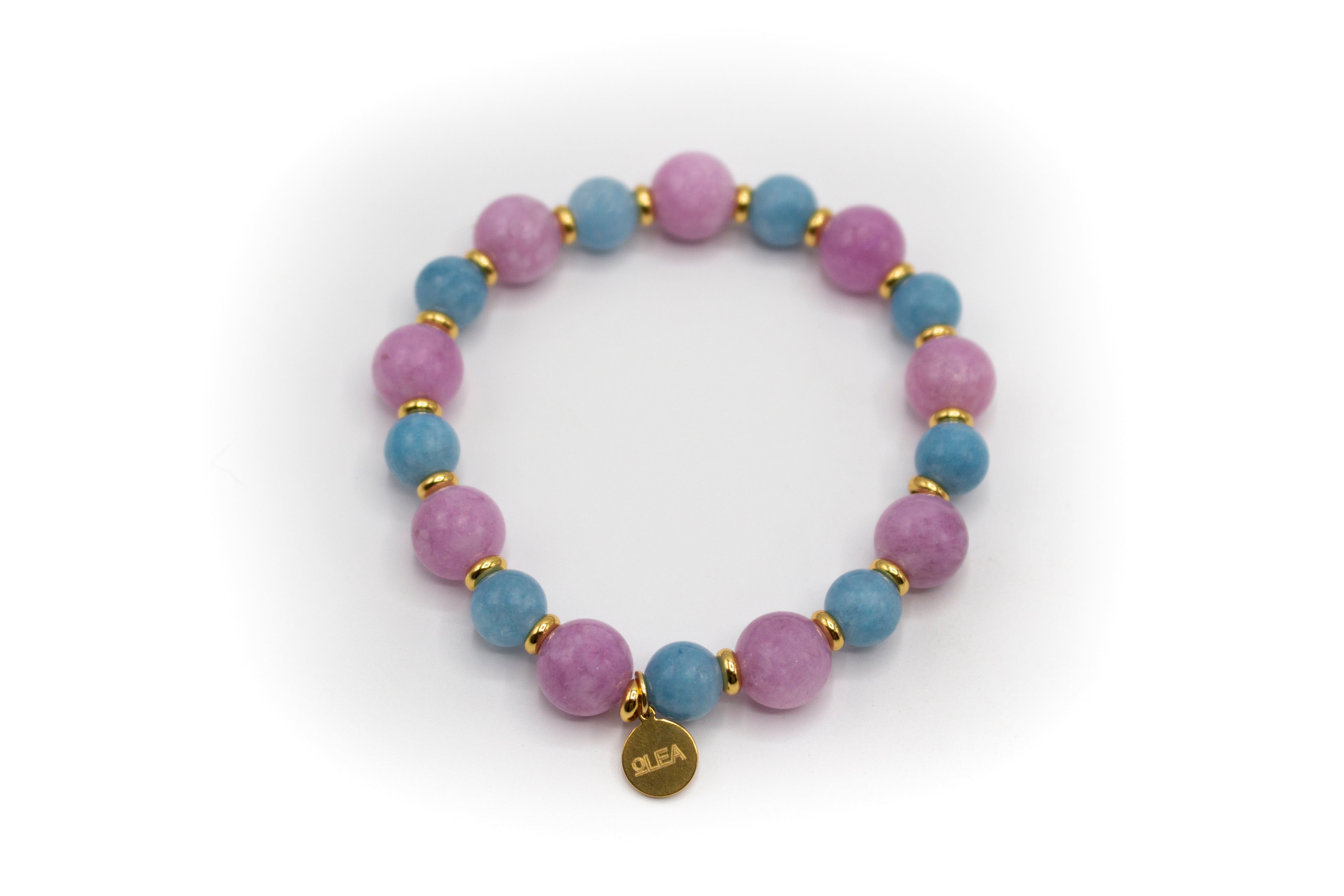 pulsera elástica de piedra natural calcedonia y Angelita con separadores de acero inoxidable color oro