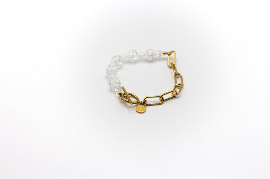 Bracelet en pierre de quartz blanc craquelé naturel et demi-chaîne en acier inoxydable couleur or