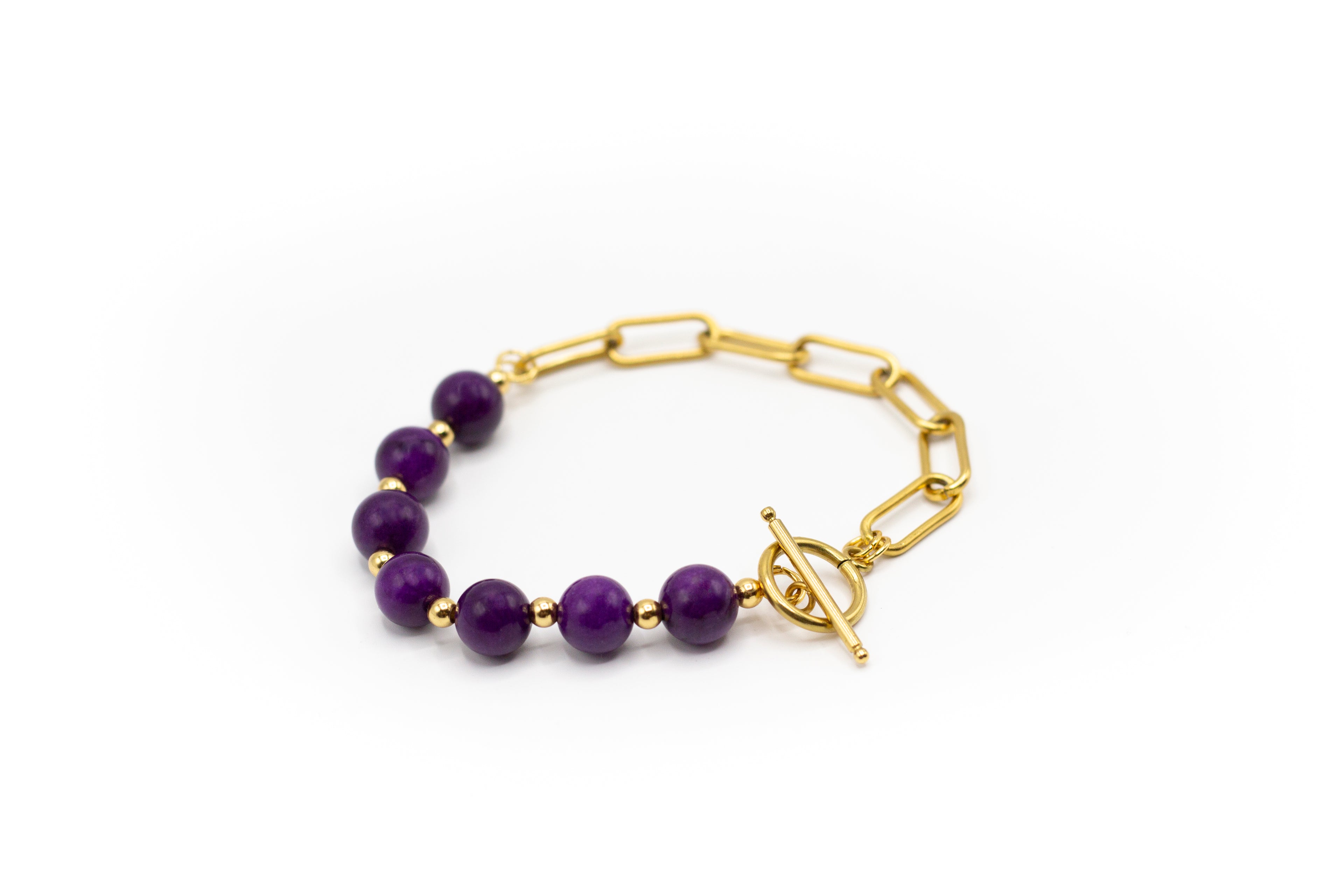 pulsera piedra natural charoíta y mitad cadena de acero inoxidable color oro