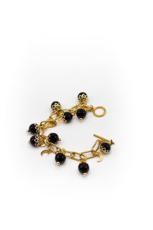 Bracelet avec pendentifs lune en acier inoxydable couleur or et boules en pierre d'onyx naturelle